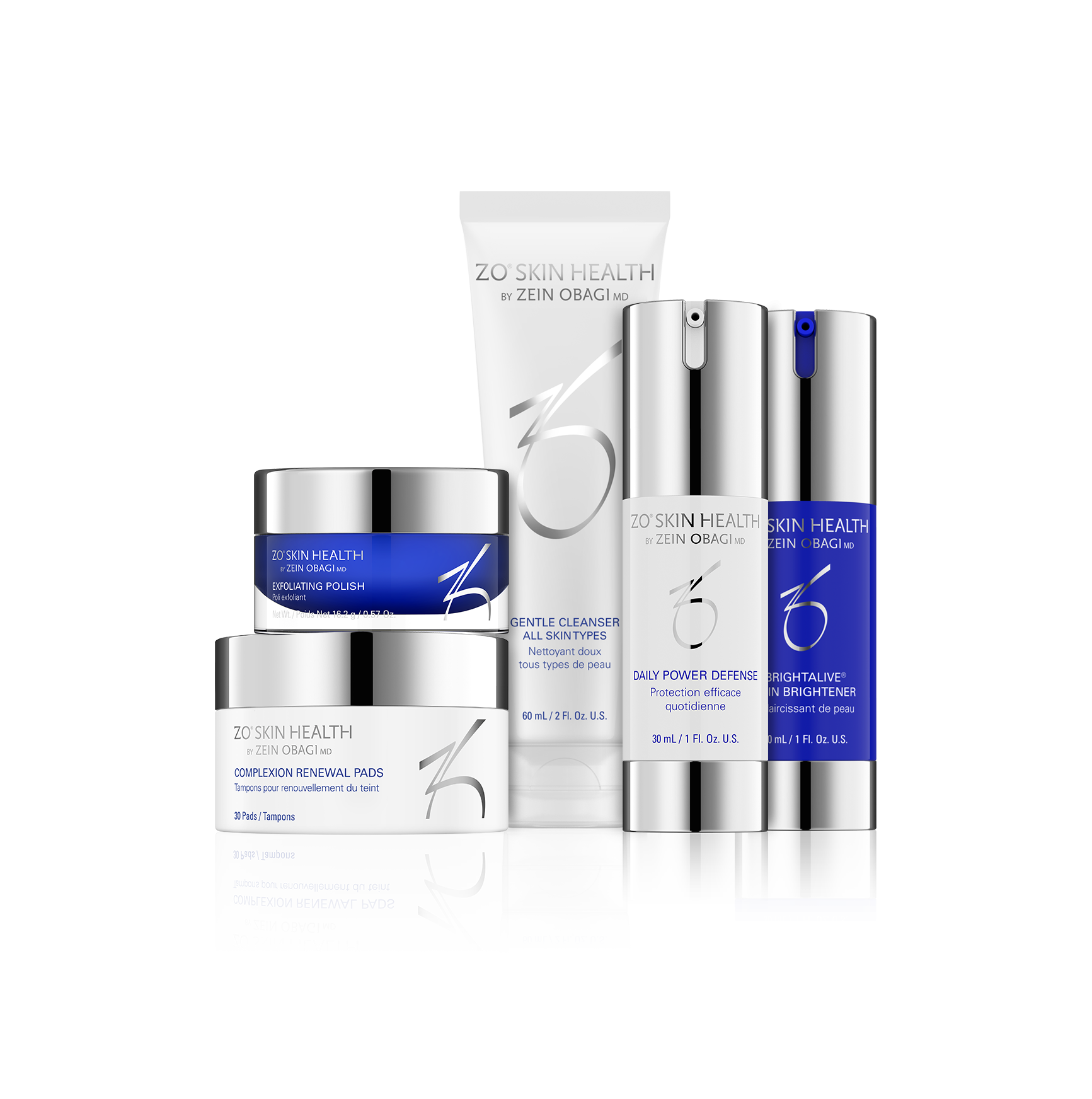 ZO Skin Health Skin Brightening Program Full size Bundle Included in this Program kit are the following: Gentle Cleanser for All Skin Types โ 212 ml, Exfoliating Polish โ 65 gm, Complexion Renewal Pads โ 60Pads-150 ml, Brightalive Skin Brightener โ 50 ml, Daily Power Defense โ 50 ml.