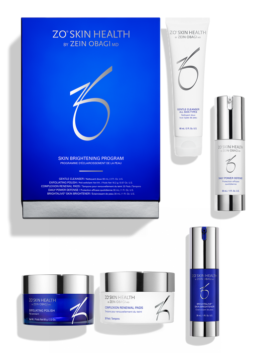 ZO Skin Health Skin Brightening Program Full size Bundle Included in this Program kit are the following: Gentle Cleanser for All Skin Types – 212 ml, Exfoliating Polish – 65 gm, Complexion Renewal Pads – 60Pads-150 ml, Brightalive Skin Brightener – 50 ml, Daily Power Defense – 50 ml.